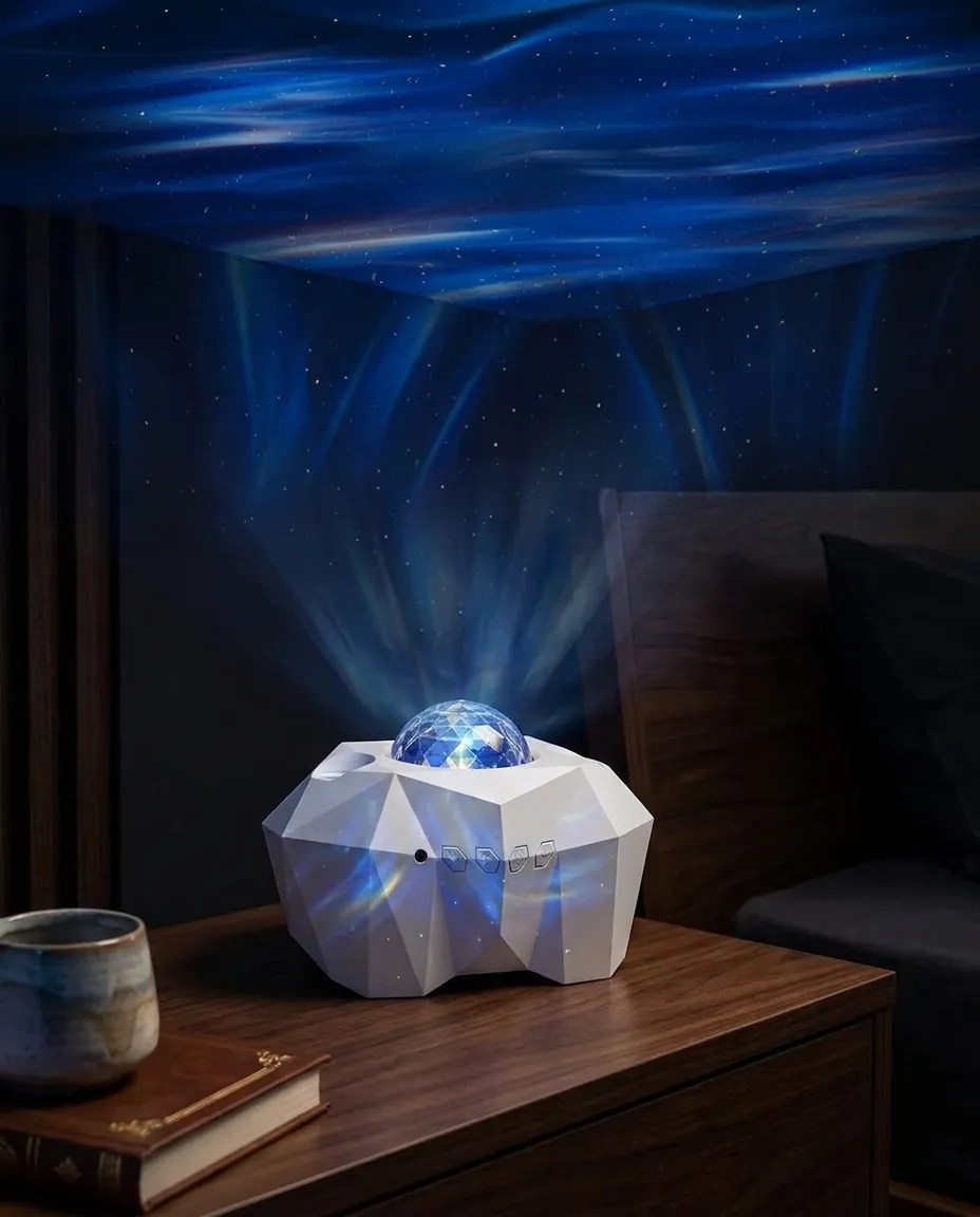 The Veilaris One aurora projector casting blue northern lights across a bedroom